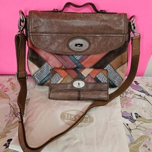 Rare Fossil Women's Multicolor Patchwork Leather Crossbody Bag Set With Wallet